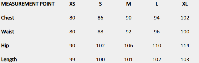 Size chart (centimeters) for Asymmetric Lace-Trim Satin Slip Dress