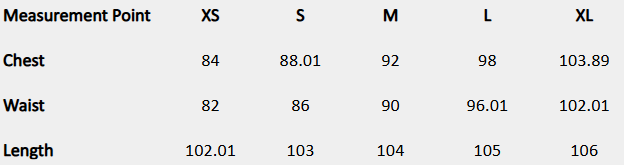 Size chart (centimeters) for Midi dress with beaded bodice