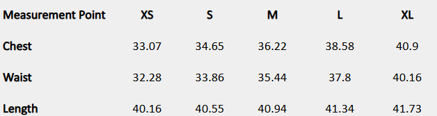 Size chart (inches) for Midi dress with beaded bodice