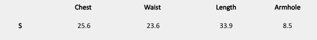 Size chart (inches) for One Shoulder Smock Dress