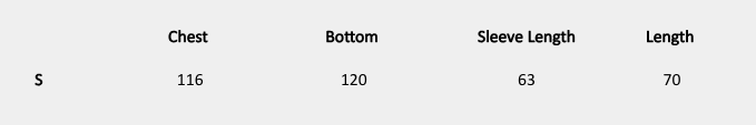 Size chart (centimeters) for Postcard Shirt