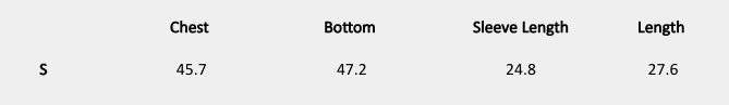 Size chart (inches) for Postcard Shirt