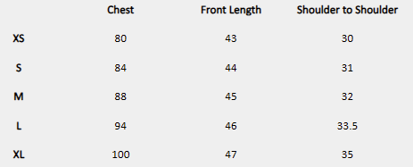 Size chart (centimeters) for Olive Bloom Embroidered Top