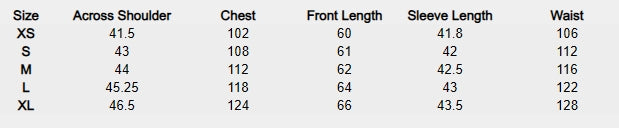 Size chart (centimeters) for Corduroy Cloud Shirt (Deep Roast Brown)