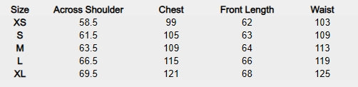 Size chart (centimeters) for Slate Viper Shell