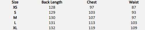 Size chart (centimeters) for Obsidian Bloom Maxi