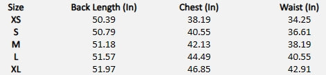 Size chart (inches) for Obsidian Bloom Maxi