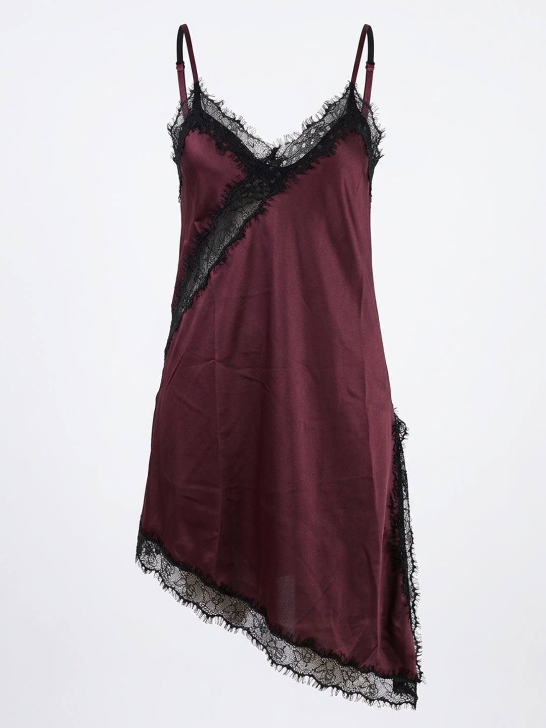 red lace slip dress Asymmetric Lace-Trim Satin Slip Dress (Wine)