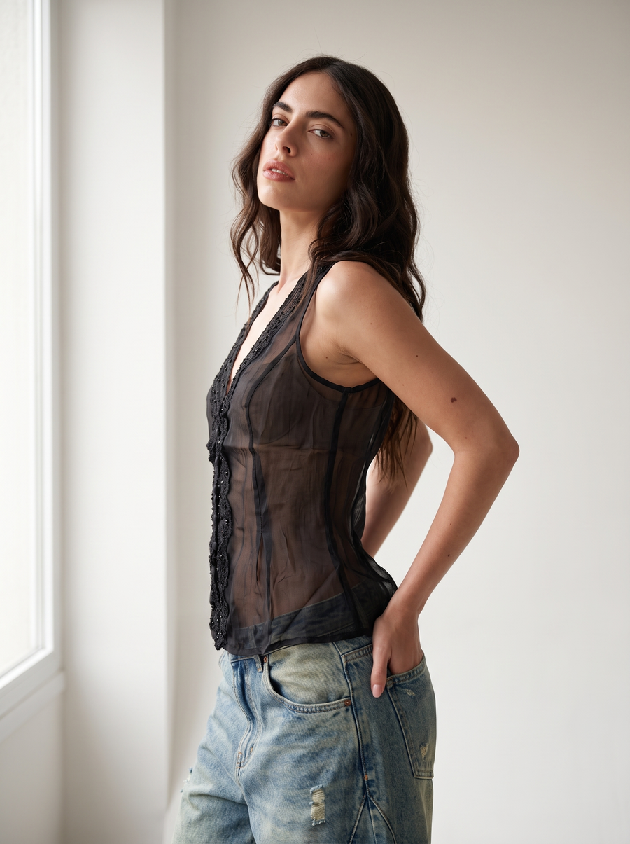 Embellished Plunge Neck Blouse