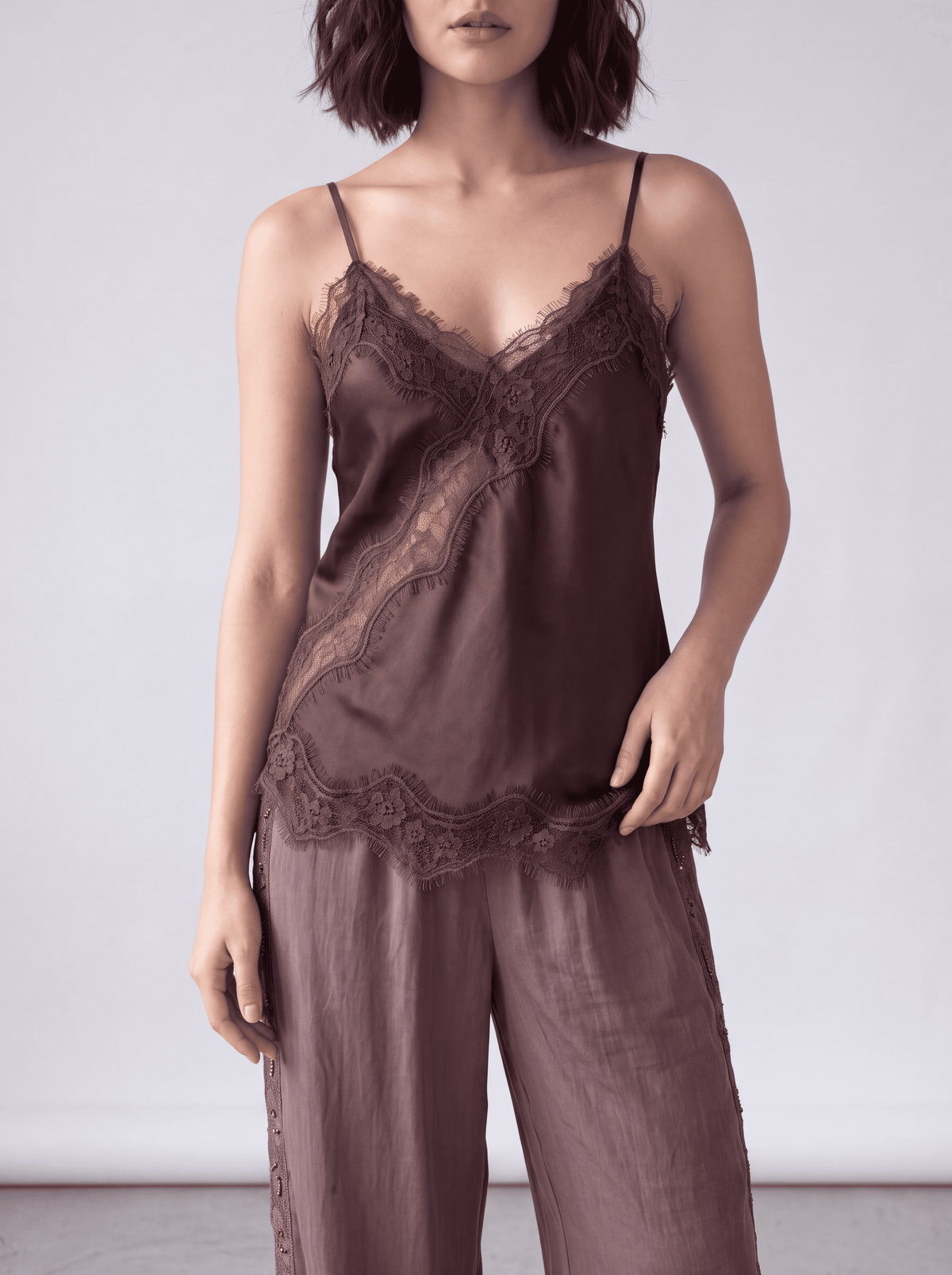 Lace-Trim Satin Cami Top (Brown)