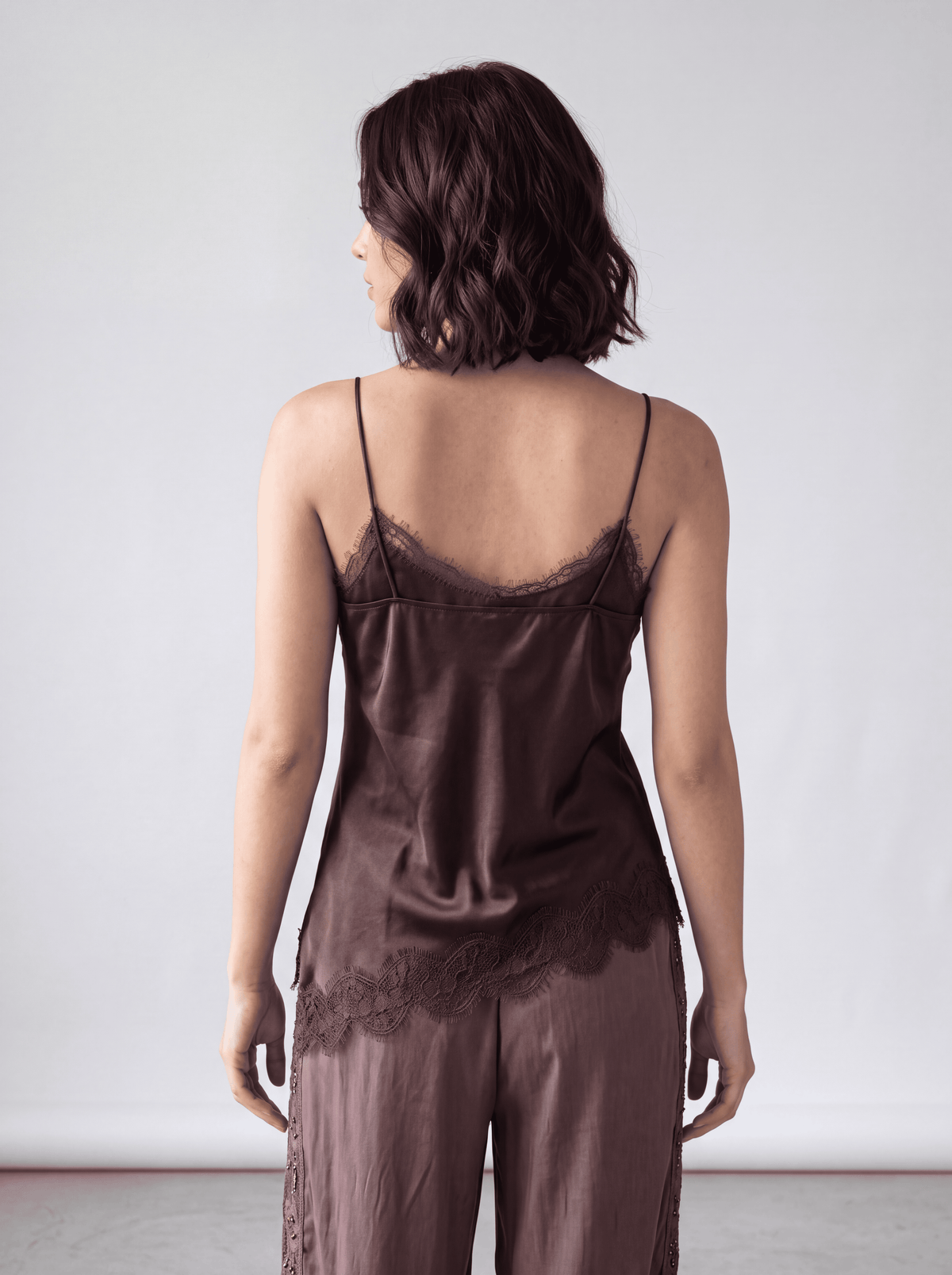 Lace-Trim Satin Cami Top (Brown)