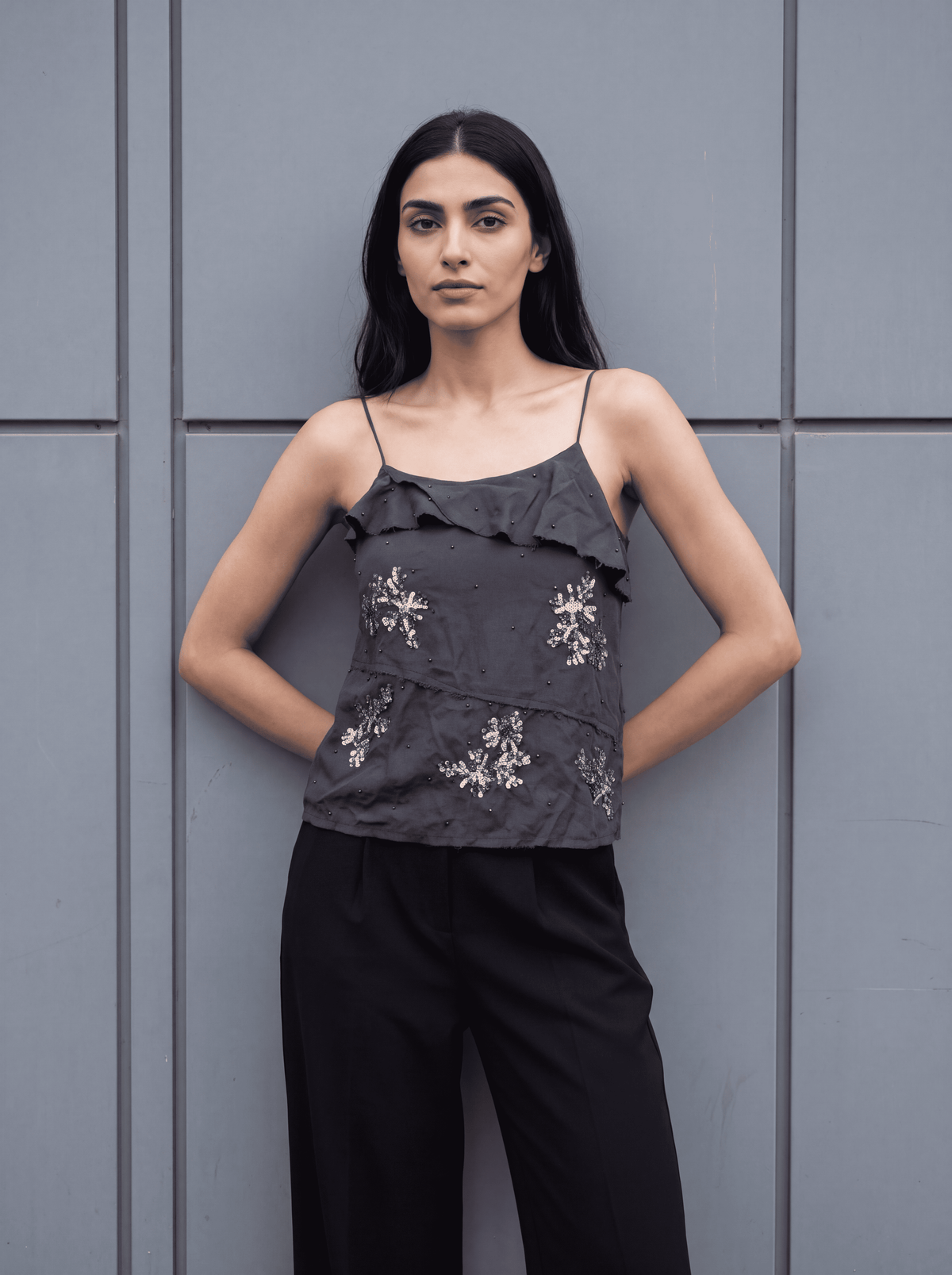 Sequin-Embellished Ruffle Top